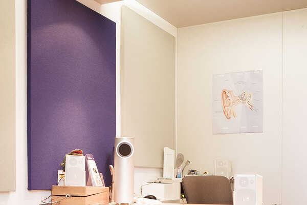 Hörakustiker-Beratungsraum mit Schallschutz, Lautsprechern und Anatomieposter eines Ohrs.